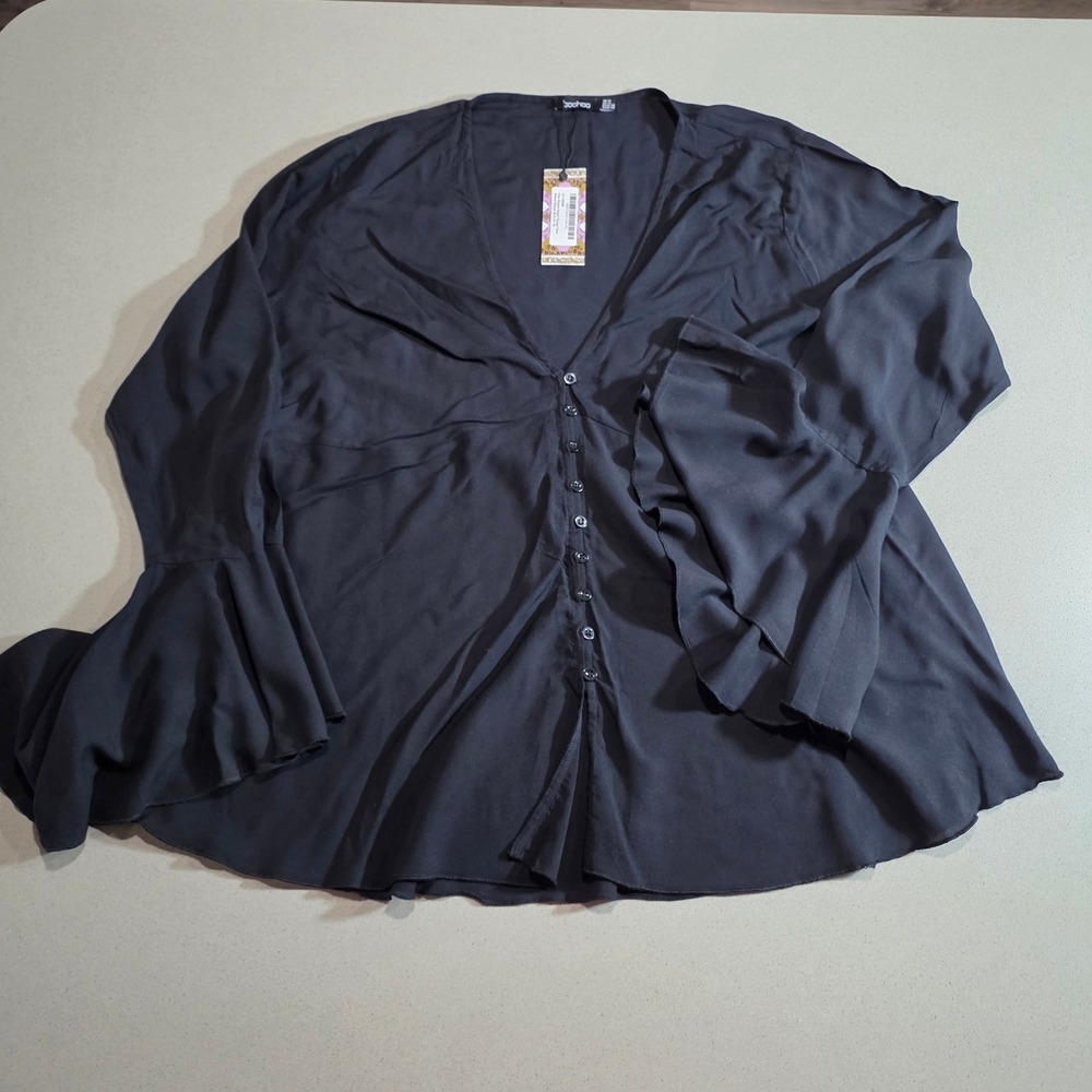 Boohoo Plus Button Detail Plunge Flare Sleeve Blouse Black Size 14 NWT